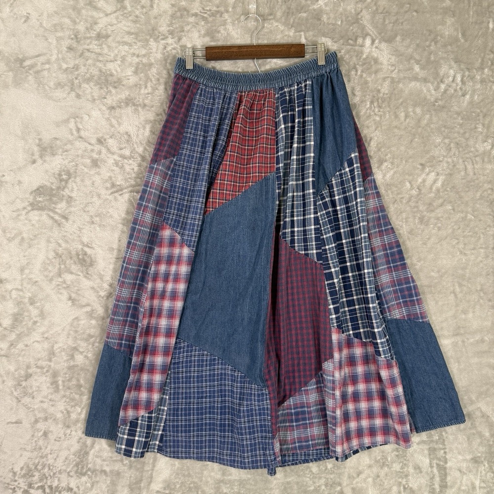Boho Denim Maxi Skirt Elastic Waist Blue Plaid Patchwork Prairie Festival XL VTG